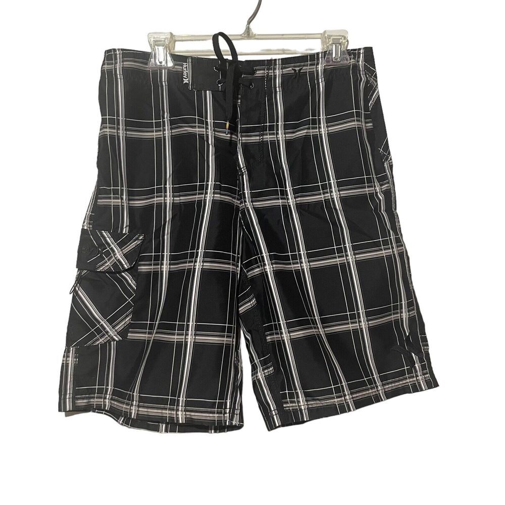 HURLEY Shorts Mens 30 Cargo Swimming‎ Trunks Black Check Surf Board Water Sports
